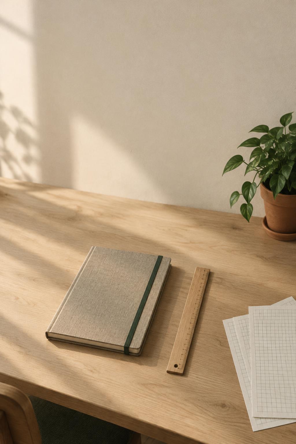 A tidy desk with a closed notebook, a wooden ruler, and a small plant in morning light
