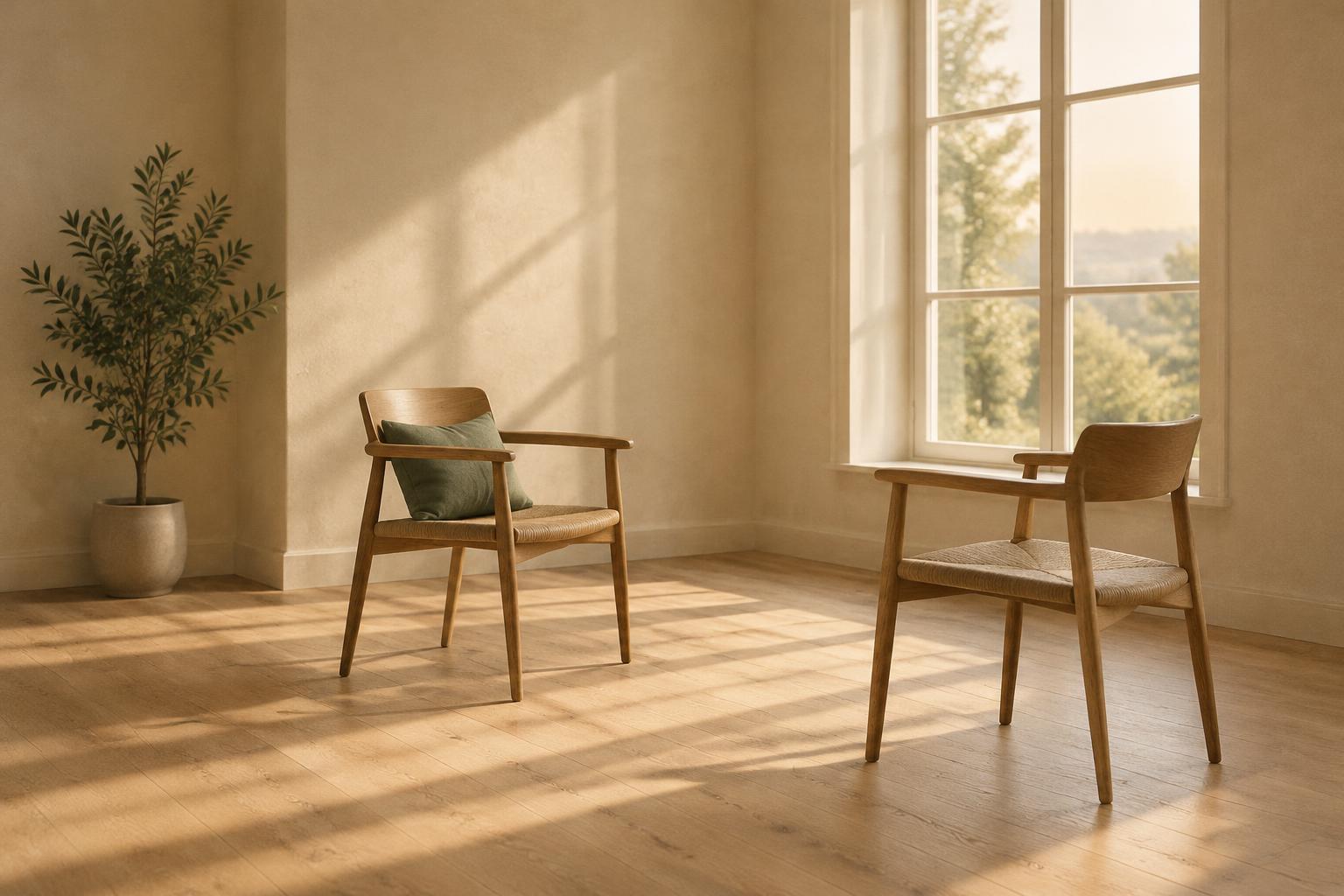 Two wooden chairs facing each other in a plain, sunlit room